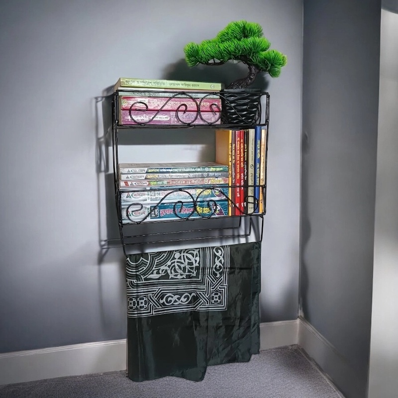 Picture of Durable Black Metal Quran and Book Wall Stand – 2 Layers with Jainamaz Hangers, 14.5x10x12 Inches.