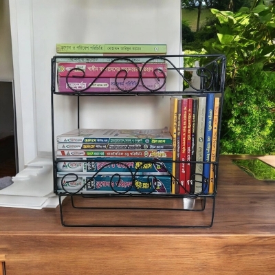 Picture of 2-Layer Black Metal Quran and Book Wall Shelf with Jainamaz Hangers – Perfect for Home or Mosque.