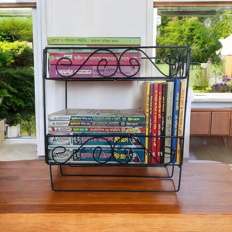 Picture of 2-Layer Black Metal Quran and Book Wall Shelf with Jainamaz Hangers – Perfect for Home or Mosque.