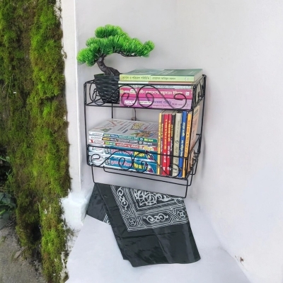 Picture of Sturdy Iron Quran and Book Stand – 2-Layer Wall Shelf with Jainamaz Hangers, 14.5x10x12 Inches – Ideal for Home or Mosque Use
