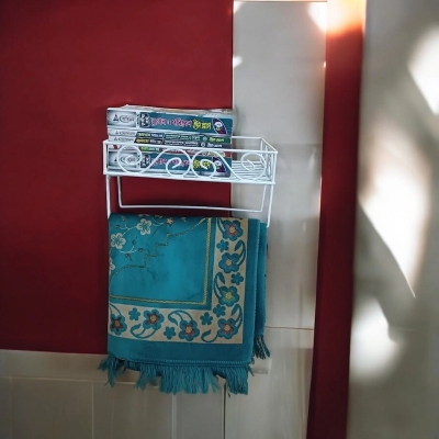 Picture of Elegant Quran Display Stand – Sturdy White Iron Wall Shelf with 2 Jaynamaz Hangers – Ideal for Mosque