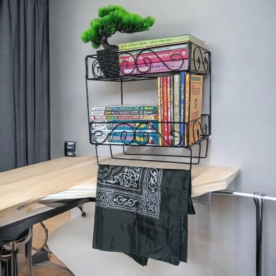 Picture of Black Metal Quran Stand with 2-Layers and Jainamaz Hangers – Durable Wall Shelf, 14.5x10x12 Inches – Perfect for Quran Sharif Display