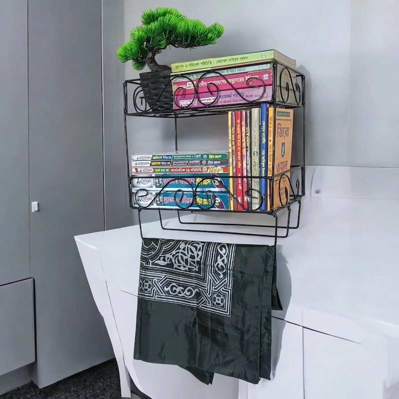 Picture of Black Metal Quran Stand with 2-Layers and Jainamaz Hangers – Durable Wall Shelf, 14.5x10x12 Inches – Perfect for Quran Sharif Display