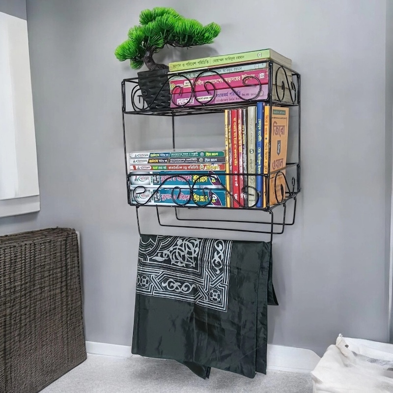 Picture of Black Metal Quran Stand with 2-Layers and Jainamaz Hangers – Durable Wall Shelf, 14.5x10x12 Inches – Perfect for Quran Sharif Display