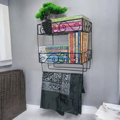Picture of Black Metal Quran Stand with 2-Layers and Jainamaz Hangers – Durable Wall Shelf, 14.5x10x12 Inches – Perfect for Quran Sharif Display