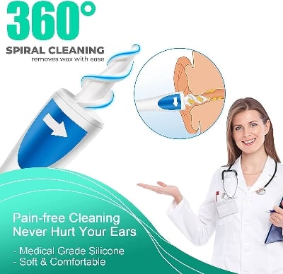 Picture of Retail Care Ear Wax Removal Ear Cleaner Earwax Remover Spiral Soft Silicone Safe Upgraded Smart Earwax Removal Tool Swab Kit with 16 Replacement Tips for Adults and Kids