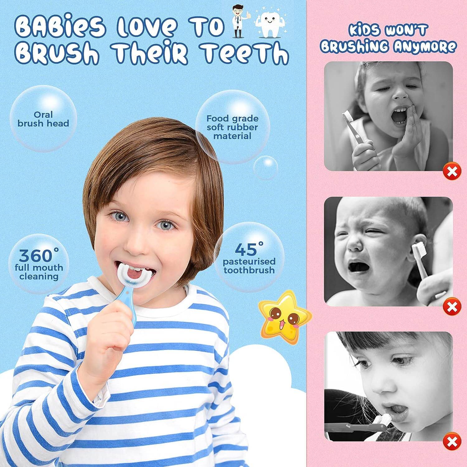 Picture of 1PCS Kids U Shaped Toothbrush, Food Grade Soft Silicone Toothbrush Head Tooth Cleaning, 360° Oral Teeth Care Kids Toothbrushes, Whole Mouth Baby Toothbrush, 2-12 Years Old