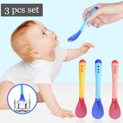 Picture of THE LITTLE LOOKERS Tip Heat Sensitive Silicone Spoons | Temperature Sensing Spoons | Baby Feeding Silicone Spoon Set (Red & Blue, Pack of 3)