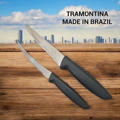 Picture of Tramontina Plenus Series 2 pcs Kitchen and Tomato Knives - 5-Inch Stainless Steel Blades with Grey Polypropylene Handles, Multicolor, Ideal for Bread and Tomato Cutting, Made in Brazil-Silver