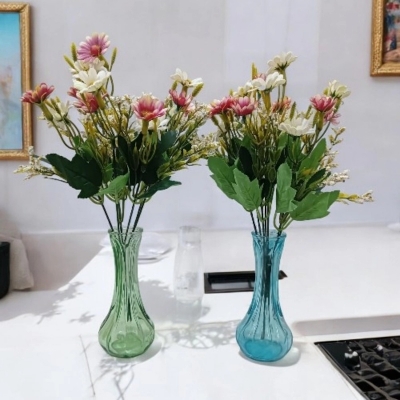 Picture of  2pcs Silk Daisy Bride Bouquets with Glass Vases, 14 Multicolor Artificial Sunflowers per Stick, 48x20 cm, Perfect for Home, Wedding, Christmas, and New Year Decor, Made from High-Quality Fabric and Plastic. -Multicolor