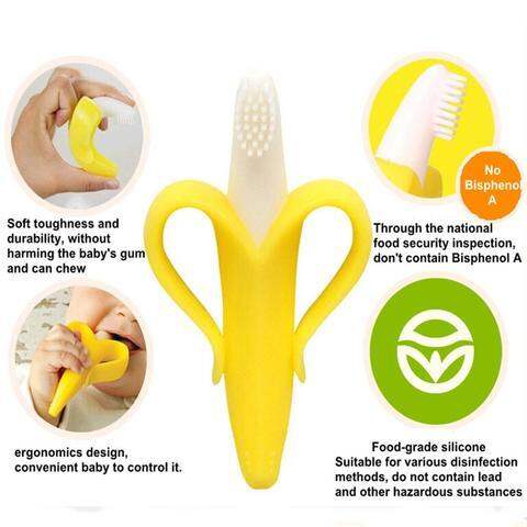 Picture of Finger Baby Toothbrush and Banana Teether, Soothing Pain Relief Silicone Baby Teething Toy for Babies, Toddlers, Infants, BPA Free(1 Teether and 1 Finger Toothbrushes)