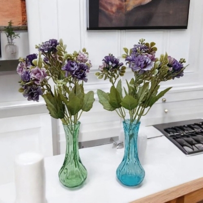 Picture of  Set of 2 Silk Daisy Bouquets with 18 Multicolor Heads per Stick, 48x20 cm, Includes Glass Vases, Ideal for Home, Wedding, and Holiday Decorations -Multicolor