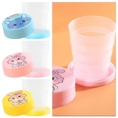 Picture of Folding Cup With Lid Portable Reusable Plastic Water Cup Cartoon Collapsible Mouthwash Cup Travel Outdoor Drinking Cup Kids Cartoon Drinking Cup Portable Cartoon Printed Plastic Foldable Magic Cup Glass for kids Birthday Gift