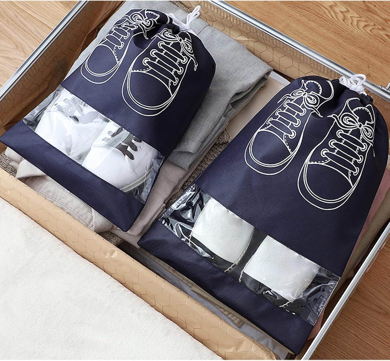 Picture of Travel Shoe Bag with Transparent Window Drawstring Dust-Proof Non-Woven Shoes Storage Bags for Daily and Travel Use | Shoes Storage Bag Dustproof  Bag Closet Organizer Travel Portable Bag