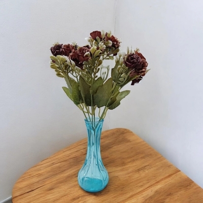 Picture of  Silk Daisy Bride Bouquet with 18 Heads, Glass Vase Included, 18 Multicolor Sunflowers, 48x20 cm (Height x Width) with Vase, Ideal for Christmas, Wedding, and Home Decor, Made from Fabric and Plastic. -Multicolor