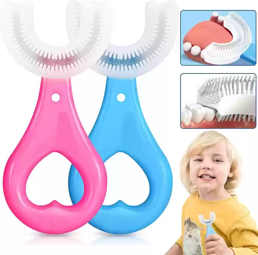 Picture of U Shaped Silicone Toothbrush for Kids/ 360 Degree Soft Oral Teeth Cleaning with Finger Brush for Training Teething For Baby Infant Toddler Children - 1 to 6 Years
