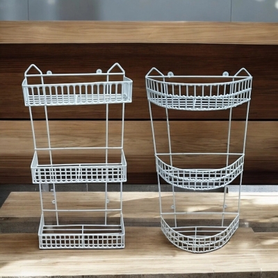 Picture of  D-Shape & Square Shape 3-Step Hanging Corner Racks – Set of 2, White Finish, Durable Iron Material, Easy Wall Mount, Ideal for Space-Saving in Kitchens -White