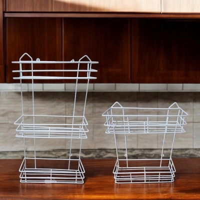 Picture of  White Square 3-Step and 2-Step Hanging Corner Racks – Set of 2, Durable Iron Construction, Easy to Mount, Ideal for Efficient Kitchen Organization -White