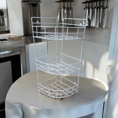 Picture of  1 Pc Durable Iron 3-Step Corner Rack – Triangle Shape, White Finish, Easy to Install, Hanging Kitchen Organizer -White