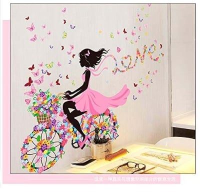 Picture of Girl Riding Bicycle with Butterfly Wall Sticker Wall Decal, Peel and Stick Removable Flower Fairy Wall Stickers Wall Mural for Kids Girls Nursery Bedroom (Flower Fairy on Bike)