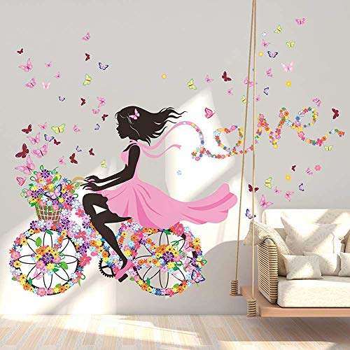 Picture of Girl Riding Bicycle with Butterfly Wall Sticker Wall Decal, Peel and Stick Removable Flower Fairy Wall Stickers Wall Mural for Kids Girls Nursery Bedroom (Flower Fairy on Bike)
