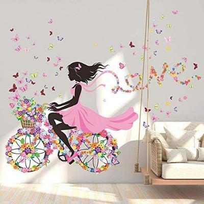 Picture of Girl Riding Bicycle with Butterfly Wall Sticker Wall Decal, Peel and Stick Removable Flower Fairy Wall Stickers Wall Mural for Kids Girls Nursery Bedroom (Flower Fairy on Bike)