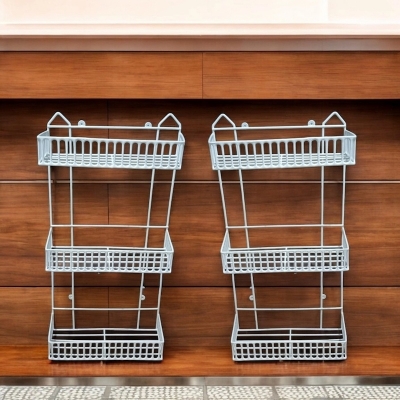 Picture of  Wall Hanging Kitchen Rack – Set of 2, 3-Layer Square Design, Durable Iron, White, Easy Installation, Modern Organizer -White