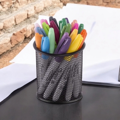 Picture of  Round Black Metal Mesh Organizer - Multifunctional Desk Pen & Pencil Holder, Durable & Fireproof, High-Temperature Resistant, Coated Finish, 9.5 x 8.5 cm, Ideal for Home & Office, 1 Piece -Black