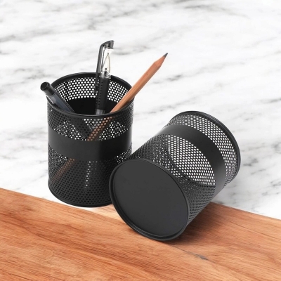 Picture of 2-Piece Black Metal Cylinder Desk Organizer Set - Multifunctional Pencil Holders, Durable & Fireproof, High-Temperature Resistant, Coated Finish, 9.5 x 8.5 cm, Large Capacity for Pens & Stationery-Black