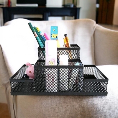 Picture of  Black Metal Mesh Desk Organizer - Fashionable & Multifunctional Pen Holder Box, Durable, Fireproof, High-Temperature Resistant, Coated Finish, 20.4 x 10.4 x 9.7 cm, Ideal for Office & School, 1 Piece -Black