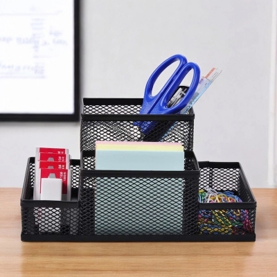 Picture of  Black Metal Mesh Desk Organizer - Multifunctional & Fashionable Pen Holder Box, Durable, Fireproof, High-Temperature Resistant, Coated Finish, 20.4 x 10.4 x 9.7 cm, Perfect for Office & Student Desks, 1 Piece -Black