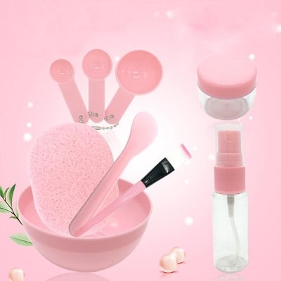 Picture of 9pcs Facial Mask Tool Kit Facial Mask Spoon Face Makeup Spray Bottle Facial Spoon Tools Tool Bag Large Face Makeup Spatula Face Makeup Brush Makeupset or Makeup Set Pink