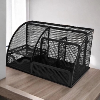 Picture of  Office Pen Holder - Desktop Storage Box with Metal Mesh and Multiple Compartments, Square Divided Container -Black