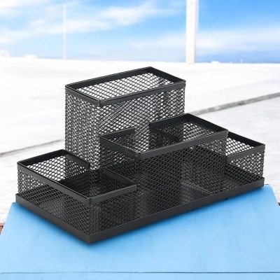 Picture of  Durable Black Metal Mesh Desk Organizer - Multifunctional & Fashionable Pen Holder Box, Fireproof, High-Temperature Resistant, Coated Finish, 20.4 x 10.4 x 9.7 cm, Perfect for Office & Student Desks, 1 Piece -Black