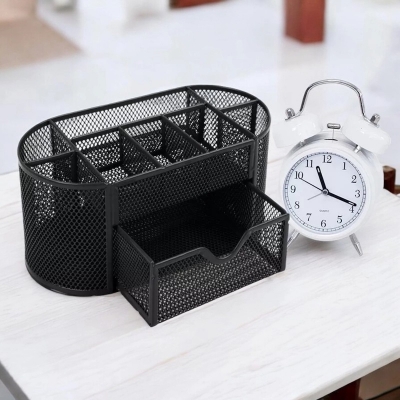 Picture of  Black Metal Desk Organizer - Fireproof Multi-Functional Pen Holder, Durable & High-Temperature Resistant, Coated Finish, 10.5 x 11 x 22 cm, Perfect for Office & Study, 1 Piece -Black