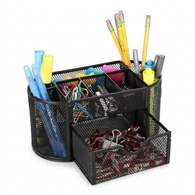 Picture of  Black Metal Mesh Desk Organizer - Fireproof & Durable Pen Holder, High-Temperature Resistant, Coated Finish, 10.5 x 11 x 22 cm, Ideal for Office & Study, 1 Piece -Black