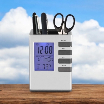 Picture of Desk Pen Stand Cube with Square Analogue LCD Clock & Calendar - Digital Alarm Clock and Organizer for Home/Office Use-Black