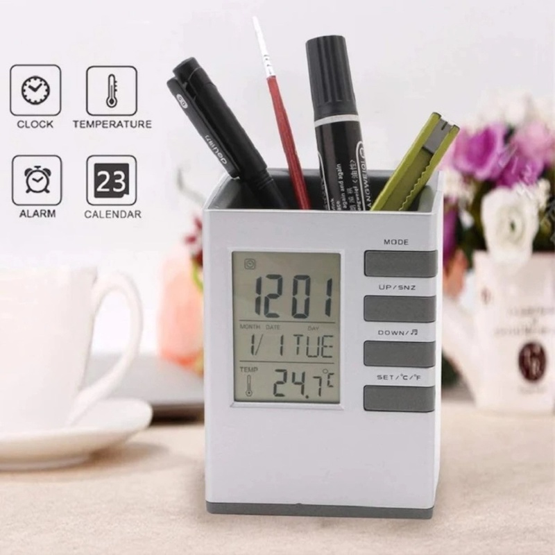 Picture of Desk Pen Stand Cube with Square Analogue LCD Clock & Calendar - Digital Alarm Clock and Organizer for Home/Office Use-Black