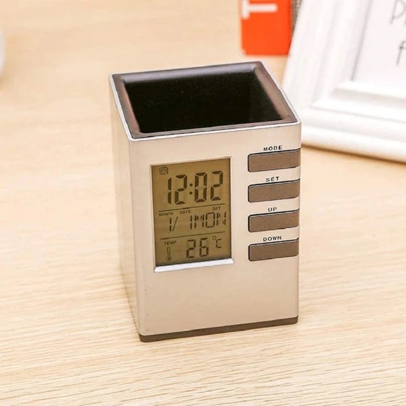 Picture of Desk Pen Stand Cube with Square Analogue LCD Clock & Calendar - Digital Alarm Clock and Organizer for Home/Office Use-Black