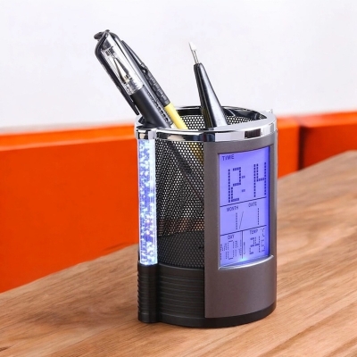 Picture of  Color-Changing Bubble LED Pen Holder with Digital LCD Clock - Multifunctional Desk Organizer from Gift Centre, Features Countdown Timer, Temperature Display, Durable Plastic, Black/Silver Mix, Pencil Battery Powered, Great for Office & Student Desks, 1 P-Black