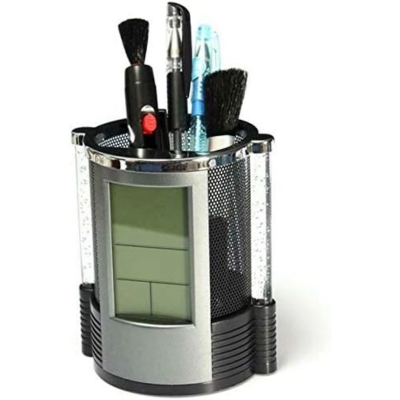 Picture of  Color-Changing Bubble LED Pen Holder with Digital LCD Clock - Multifunctional Desk Organizer from Gift Centre, Features Countdown Timer, Temperature Display, Durable Plastic, Black/Silver Mix, Pencil Battery Powered, Great for Office & Student Desks, 1 P-Black