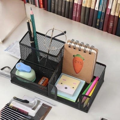 Picture of  Multifunctional Black Metal Desk Organizer - Creative 3-Grid Storage Rack, Durable & Fireproof Pen Holder, High-Temperature Resistant, Coated Finish, 20.4 x 10.4 x 9.7 cm, Ideal for Office & Student Desks, 1 Piece -Black