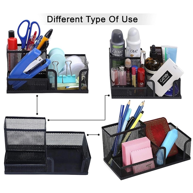 Picture of  Multifunctional Black Metal Desk Organizer - Creative 3-Grid Storage Rack, Durable & Fireproof Pen Holder, High-Temperature Resistant, Coated Finish, 20.4 x 10.4 x 9.7 cm, Ideal for Office & Student Desks, 1 Piece -Black