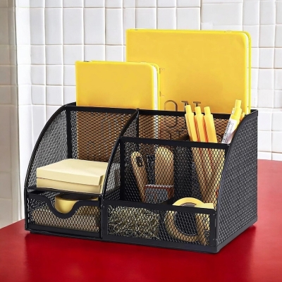 Picture of  Black Metal Desk Organizer - Durable Fireproof Pen Stand, High-Temperature Resistant, Coated Finish, 14D x 12.7W x 22.1H cm, 1 Piece -Black