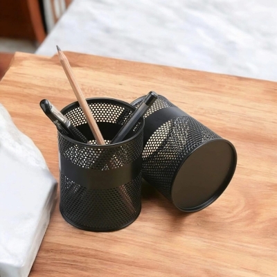 Picture of 2-Piece Black Metal Cylinder Desk Organizer Set - Durable & Fireproof Pencil Holders, High-Temperature Resistant, Coated Finish, 9.5 x 8.5 cm, Large Capacity for Office & Student Desk Storage-Black