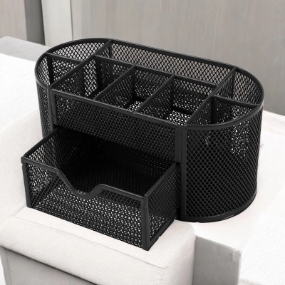 Picture of  Black Metal Desk Organizer - Fireproof & Durable Pen Holder, High-Temperature Resistant, Coated Finish, 10.5 x 11 x 22 cm, Multi-Functional for Office & Study, 1 Piece -Black