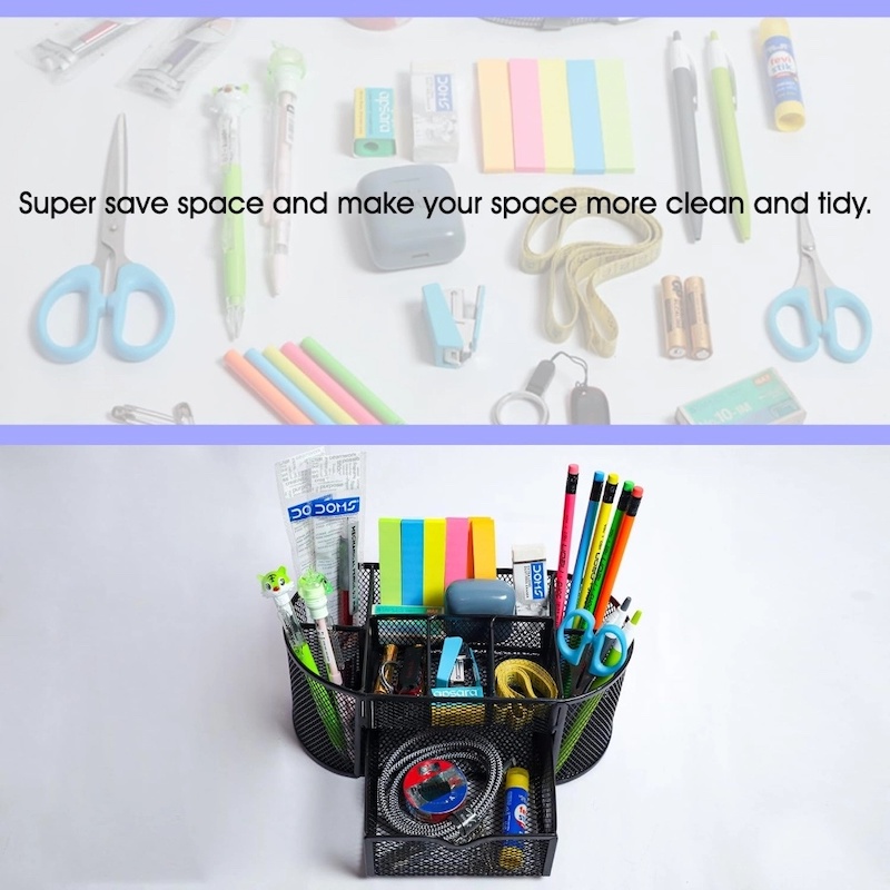 Picture of  Black Metal Desk Organizer - Fireproof & Durable Pen Holder, High-Temperature Resistant, Coated Finish, 10.5 x 11 x 22 cm, Multi-Functional for Office & Study, 1 Piece -Black