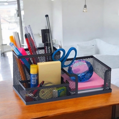 Picture of  Creative Black Metal Desk Organizer - Multifunctional 3-Grid Storage Rack, Durable & Fireproof Pen Holder, High-Temperature Resistant, Coated Finish, 20.4 x 10.4 x 9.7 cm, Perfect for Office & Student Desks, 1 Piece -Black