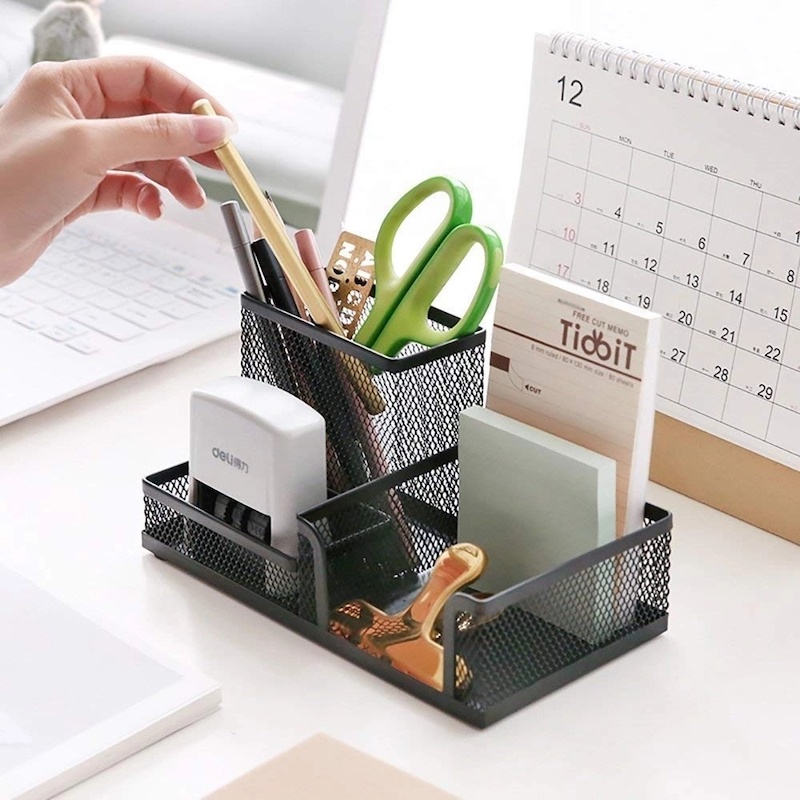 Picture of  Creative Black Metal Desk Organizer - Multifunctional 3-Grid Storage Rack, Durable & Fireproof Pen Holder, High-Temperature Resistant, Coated Finish, 20.4 x 10.4 x 9.7 cm, Perfect for Office & Student Desks, 1 Piece -Black