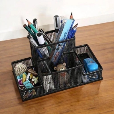 Picture of  Multifunctional Black Metal Mesh Desk Organizer - Fashionable Pen Holder Box, Durable, Fireproof & High-Temperature Resistant, Coated Finish, 20.4 x 10.4 x 9.7 cm, Perfect for Office & Student Desks, 1 Piece -Black